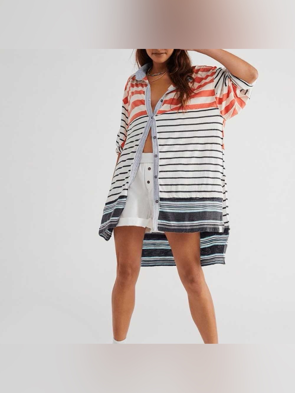 We The Free School House Striped Button-Front Oversized Tee Hi-Lo Hem Medium
